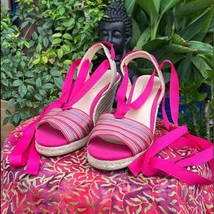Talbots Pink Ankle Wrap Espadrille Wedge Sandals